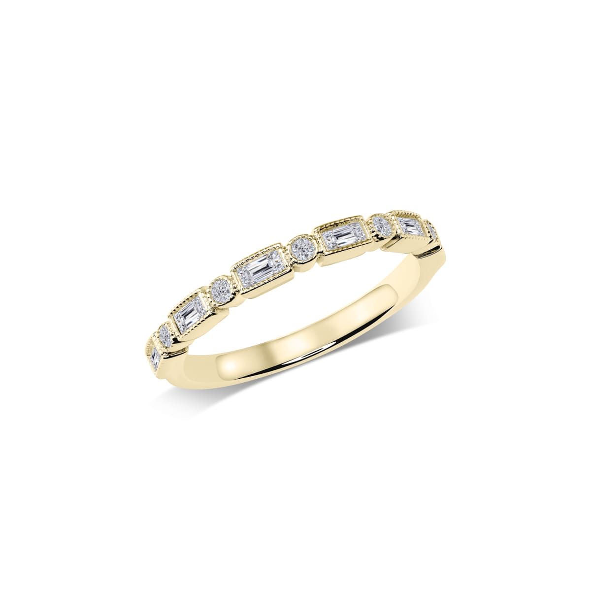 Halbmemoire-Ring mit Baguette- und Brillantsteinen in Zargenfassung mit Perlrand | WS181