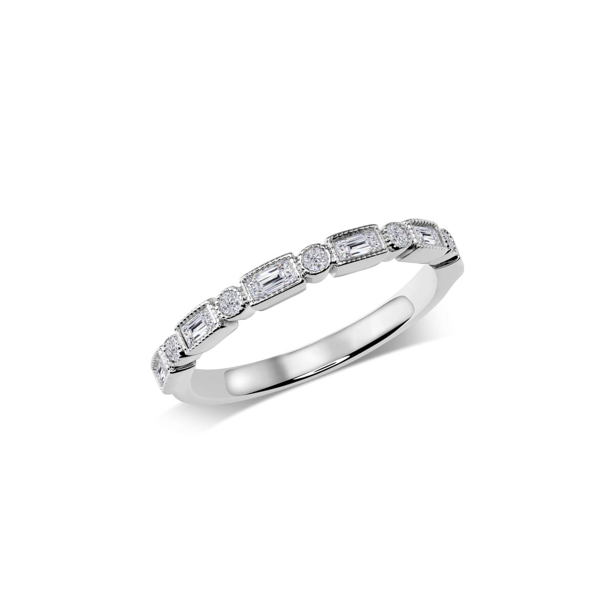 Halbmemoire-Ring mit Baguette- und Brillantsteinen in Zargenfassung mit Perlrand | WS181