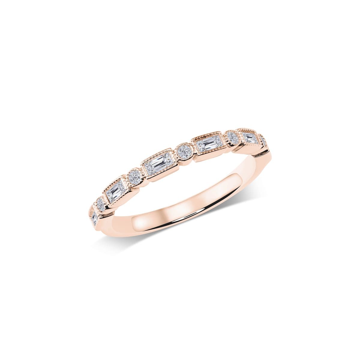 Halbmemoire-Ring mit Baguette- und Brillantsteinen in Zargenfassung mit Perlrand | WS181